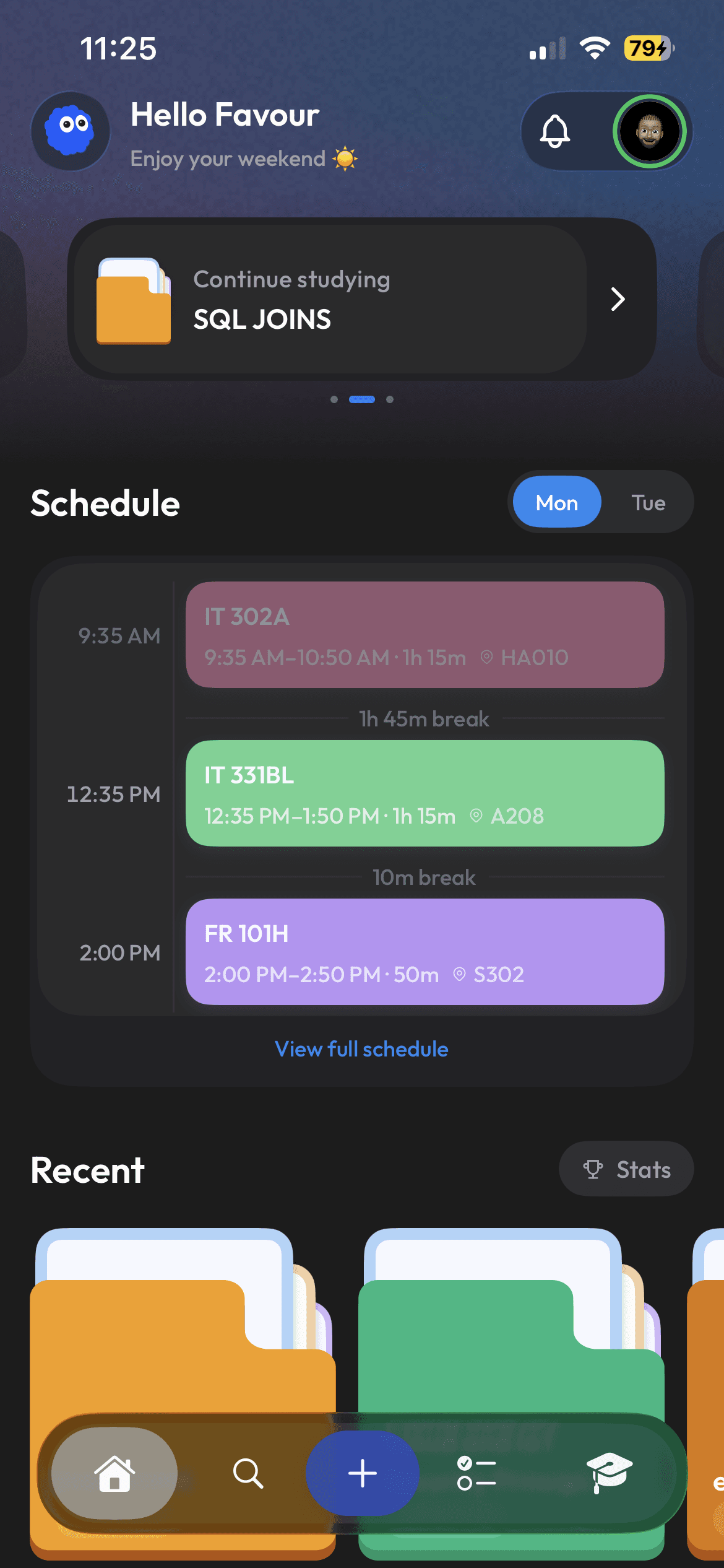 Clevaly home screen showing classes, schedule, and recent study material