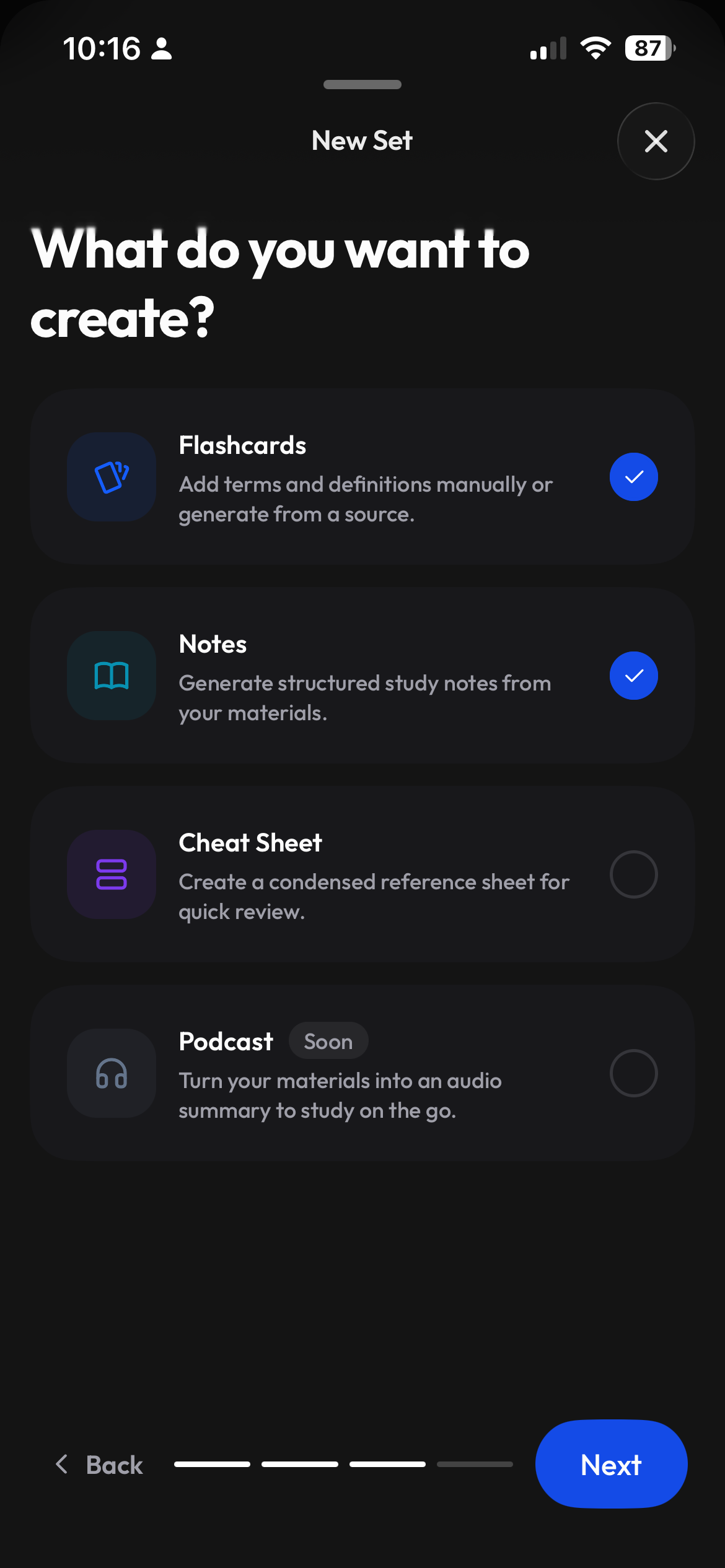Choosing flashcards or notes as an output on mobile